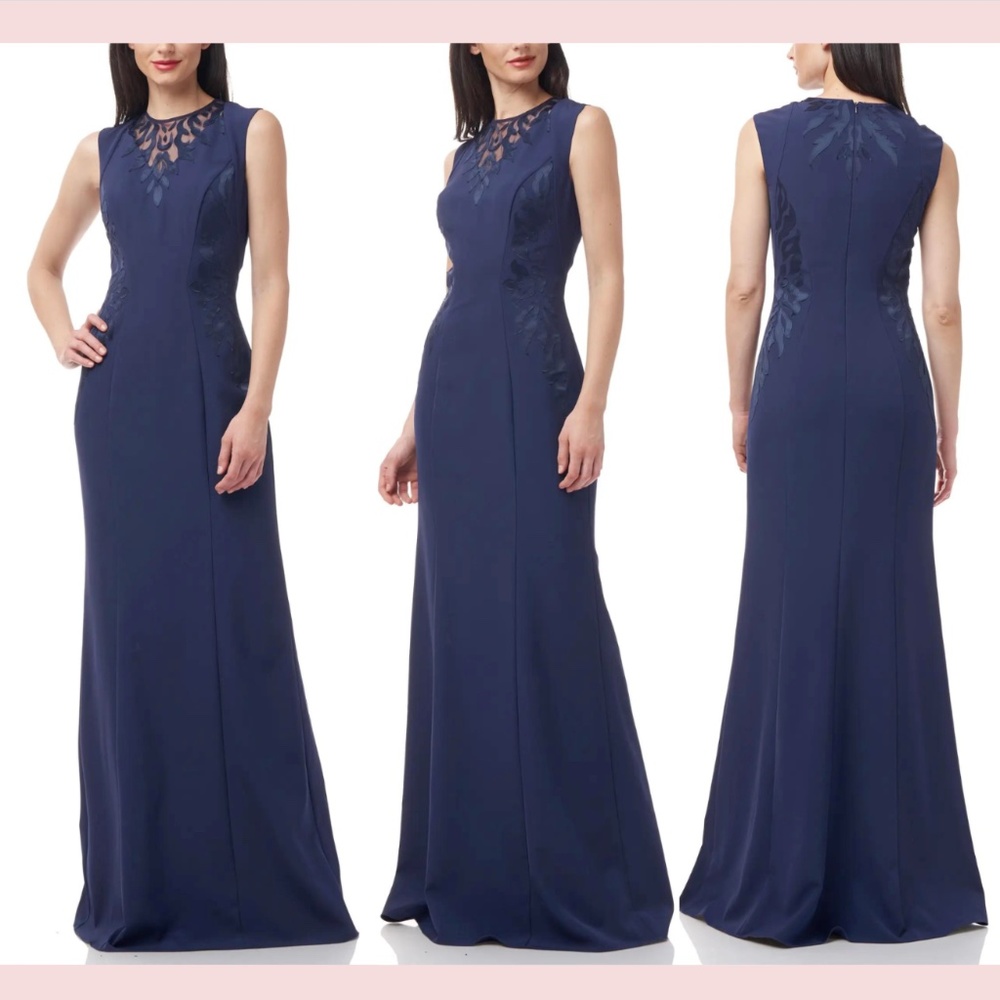 NEW $318 JS COLLECTIONS [ 6‎ ] Illusion Lace Neck Mermaid Gown In Navy